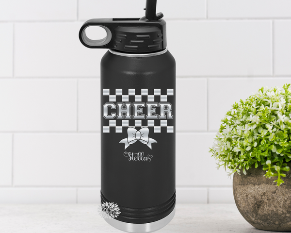 Engraved Cheer Bottle, Personalized Cheerleader Water Bottle With Straw, 4 SIZES, 17 Colors, Etched Stainless Steel Bottle, Checkered, Bow