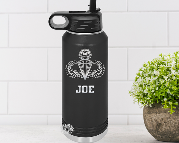 Master Parachutist Badge Water Bottle, Personalized Military Badge Water Bottle With Straw, Engraved Bottle, 4 SIZES Stainless Steel Bottle