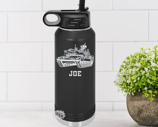 War Tank Water Bottle, Personalized Military War Tank Water Bottle With Straw, Engraved Bottle, 4 SIZES Stainless Steel Bottle