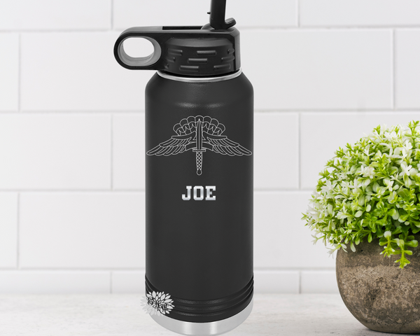 Free Fall Parachutist Badge Water Bottle, Personalized Military Water Bottle With Straw, Engraved Bottle, 4 SIZES Stainless Steel Bottle