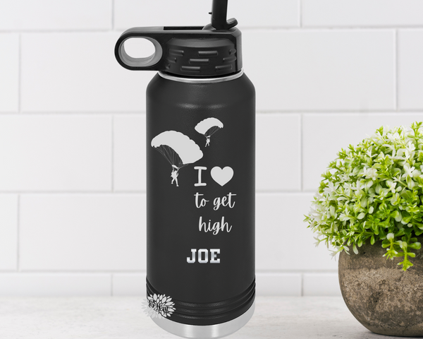 Skydiver Water Bottle, Personalized Military Skydivers Water Bottle With Straw, I Love To Get High Engraved Bottle, 4 SIZES Stainless Bottle