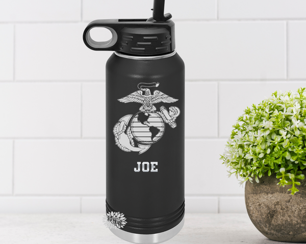 Eagle Globe And Anchor Water Bottle, Personalized Military Water Bottle With Straw, Engraved Bottle, 4 SIZES Stainless Steel Water Bottle
