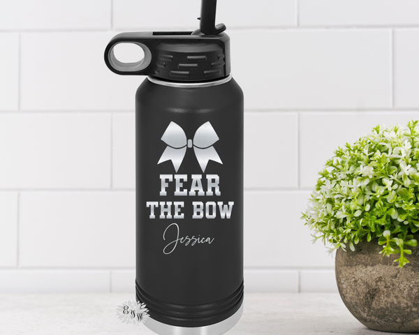 Cheer Water Bottle, Personalized Cheerleader Water Bottle With Straw, Engraved Cheer Bottle, 4 SIZES Stainless Steel Bottle, Fear The Bow