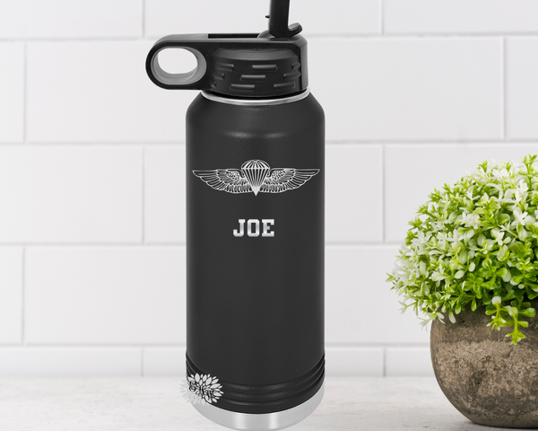 Free Fall Jump Wings Water Bottle, Personalized Military Badge Water Bottle With Straw, Engraved Bottle, 4 SIZES Stainless Water Bottle