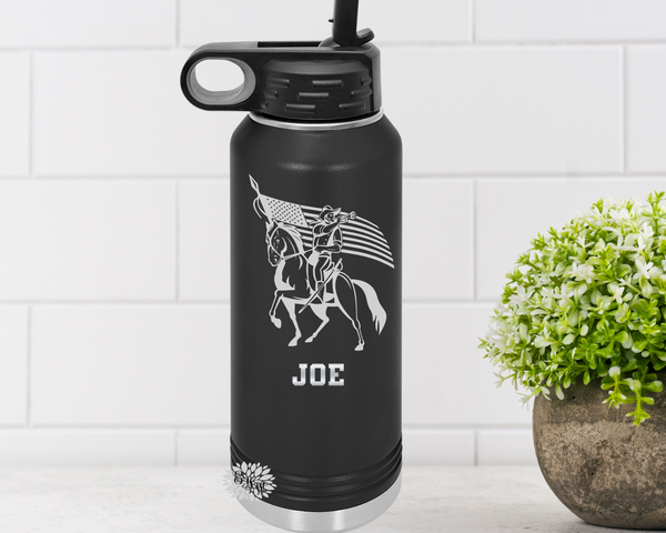 Calvary Water Bottle, Personalized Calvary On Horse Blowing Bugle Water Bottle With Straw, Engraved Bottle, 4 SIZES Stainless Water Bottle