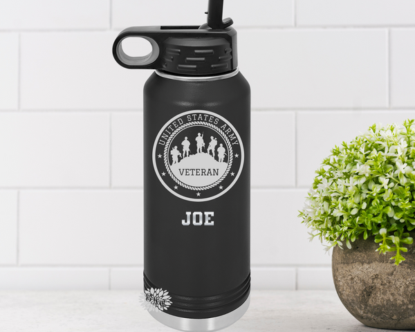 Veteran Water Bottle, Personalized US Veteran Military Water Bottle With Straw, Engraved Bottle, 4 SIZES Stainless Water Bottle