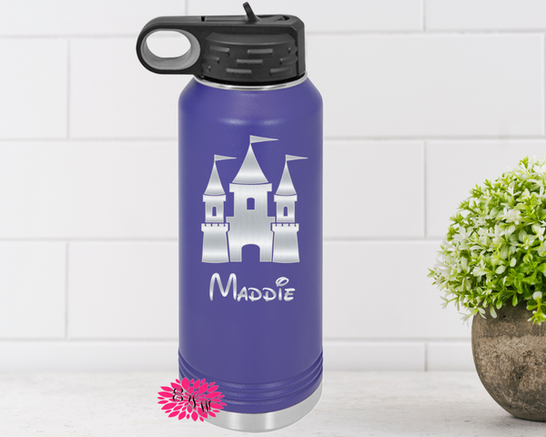 Princess Castle Bottle, Personalized Children's Water Bottle, Etched Kids Tumbler, Etched Princess Water Bottle, Many Colors