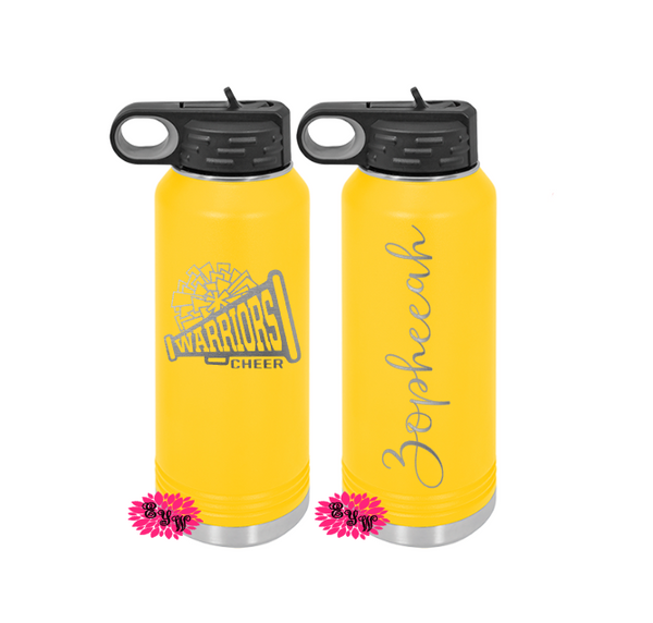 28 Warriors Cheer Yellow 40oz 2-Sided Bottles - Font #2 For Names - See Image #2 and #3 for 26 names plus 1- Coach Cantú and 1- Coach Nuño