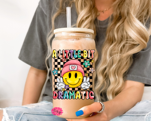 Iced Coffee Glass, A Little Bit Dramatic Iced Coffee Glass 16oz Pint Glass Lid & Straw, Retro Smiley Face Glass, UV Printed Coffee Glass