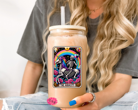 The Audacity Glass, The Audacity Iced Coffee Glass, 16oz. Pint Glass Lid & Straw, Funny Tarot Card Iced Coffee Glass, Beer Glass Can