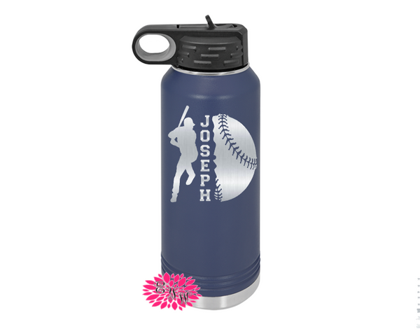 Baseball Water Bottle, Engraved Water Bottle With Straw, 4 SIZES, Baseball Bottle, Stainless Steel Water Bottle, Custom Sports Bottle