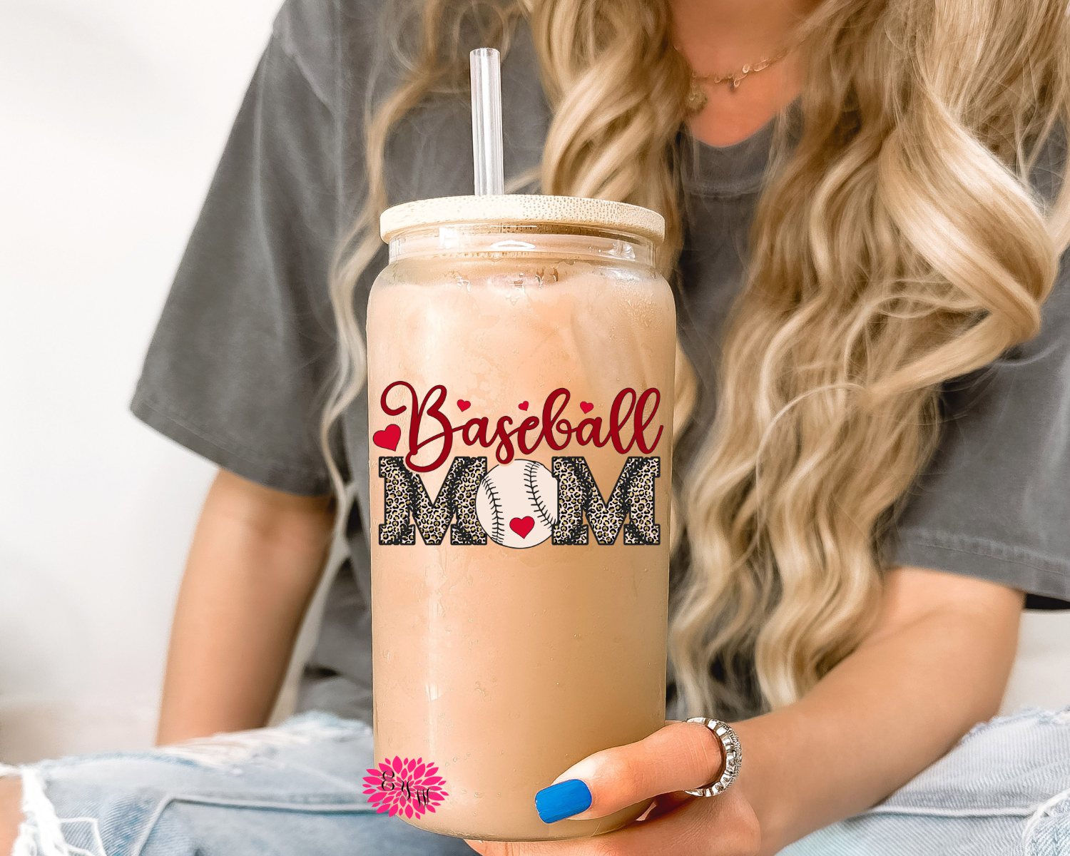 Iced Coffee Glass, Baseball Mom Iced Coffee Glass, Mother's Day Glass, 16oz. Glass Lid & Straw, Baseball Mom Iced Coffee Glass With Lid