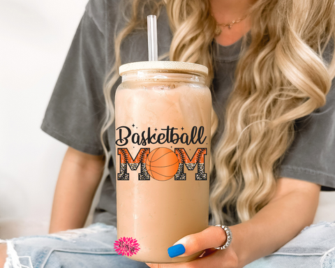 Iced Coffee Glass, Basketball Mom Iced Coffee Glass, Mother's Day Glass, 16oz. Glass Lid & Straw, Basketball Mom Iced Coffee Glass With Lid