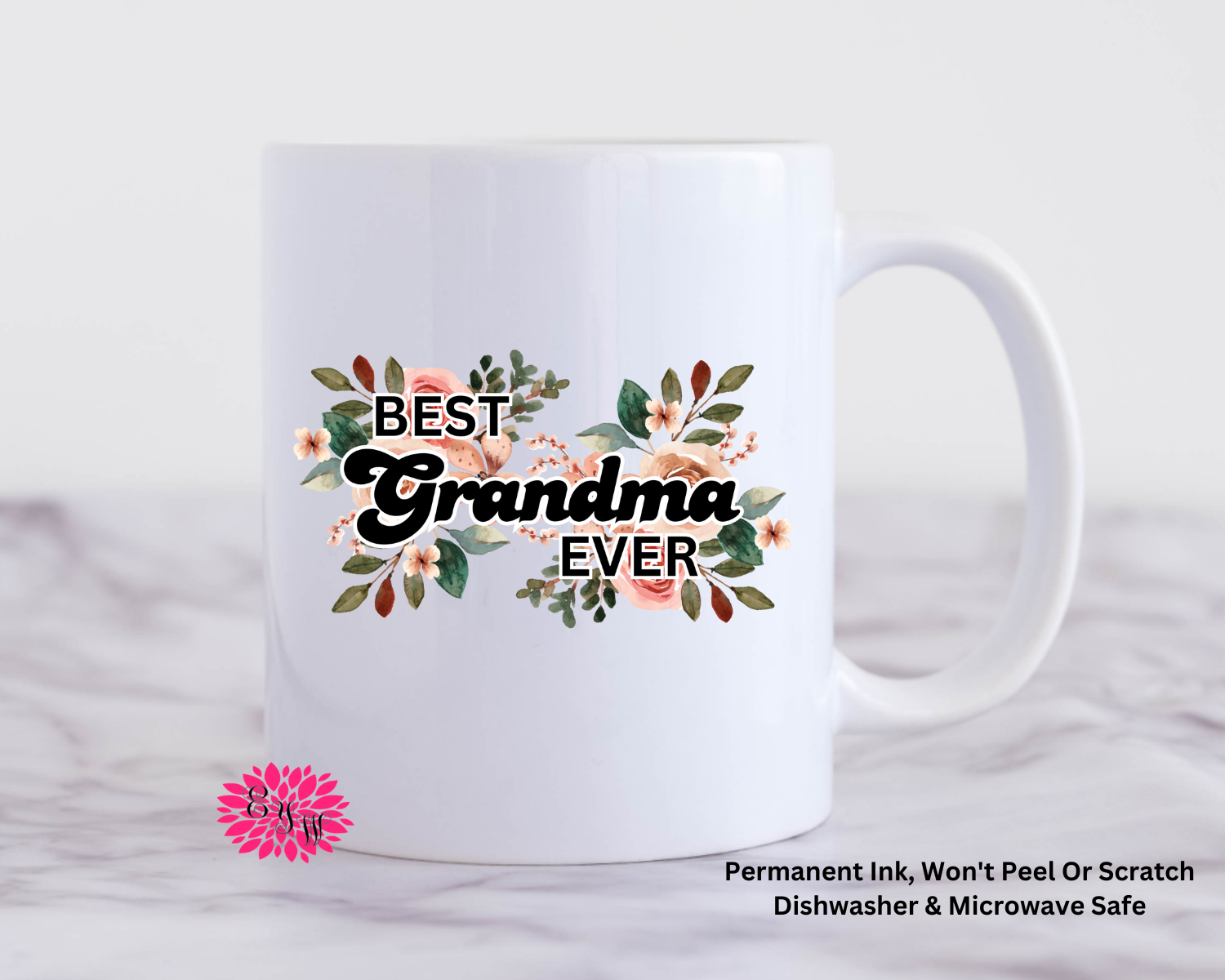 Coffee Mug, Mother's Day Mug, Best Grandma Ever Floral Mug, 11oz Ceramic Coffee Handle Mug, Permanent Ink, Dishwasher Safe, Microwave Safe