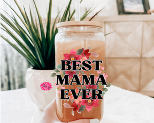 Iced Coffee Glass, Best Mama Ever Iced Coffee Glass, Mother's Day Glass, 16oz Pint Glass Lid & Straw, Bright Floral Iced Coffee Glass