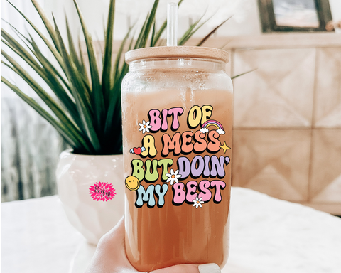 Iced Coffee Glass, A Bit Of A Mess But Doin My Best 16oz. Pint Glass Lid & Straw, Iced Coffee Glass, Beer Glass Can, Beer Glass, Beer Can