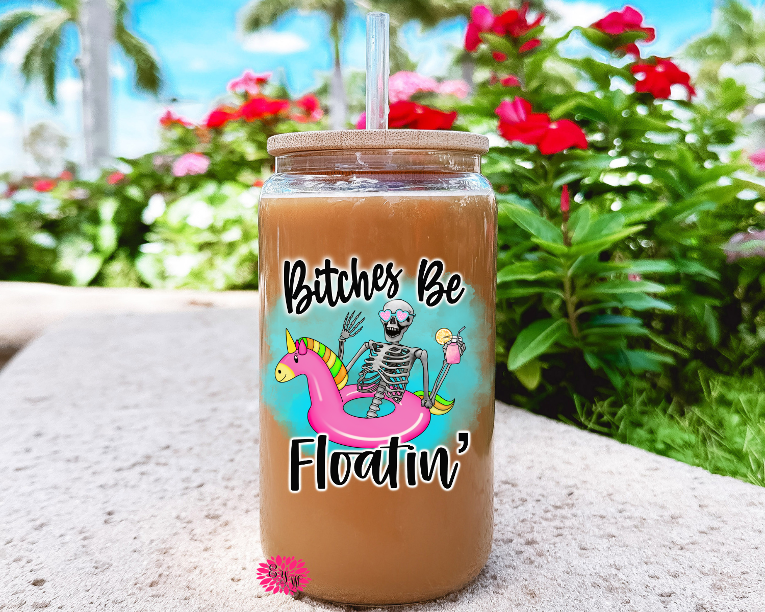 Iced Coffee Glass, Bitches Be Floatin' Iced Coffee Glass 16oz Pint Glass Lid & Straw, Bachelorette Party Glass, UV Printed Coffee Glass