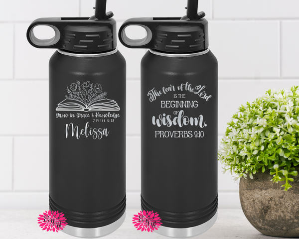 Engraved Water Bottle, Personalized Religious Bottle, Christian Bible Verse 2 Sided Etched Water Bottle With Straw, 4 SIZES Stainless Bottle
