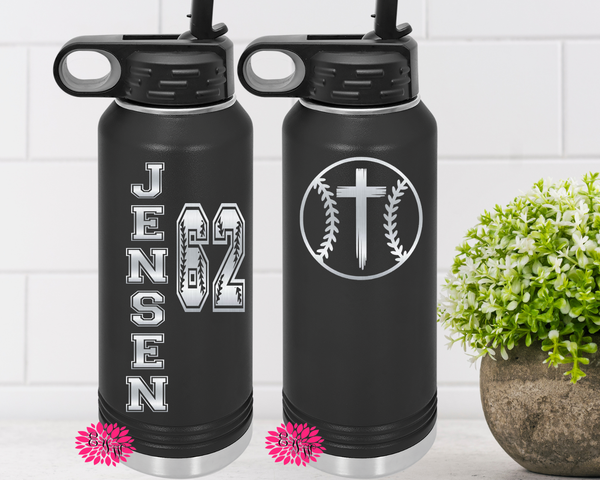 Baseball 2-Sided Water Bottle, Engraved Baseball Water Bottle With Straw, 4 Sizes Christian Cross Baseball Bottle, Stainless Water Bottle