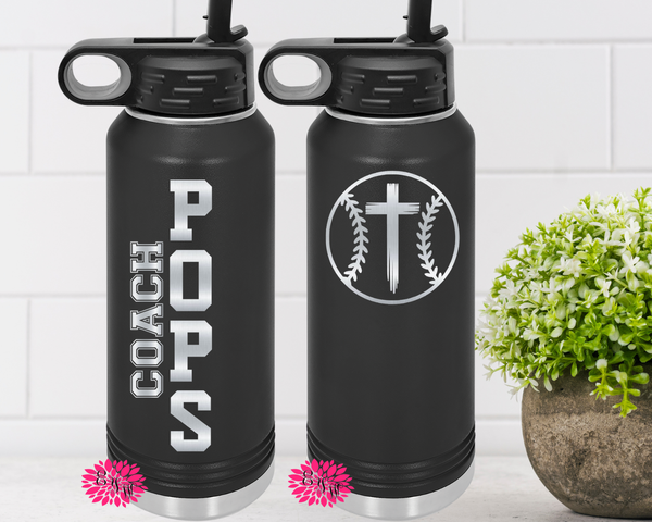 Baseball 2-Sided Water Bottle, Engraved Baseball Water Bottle With Straw, 4 Sizes Christian Cross Baseball Bottle,  Stainless Water Bottle