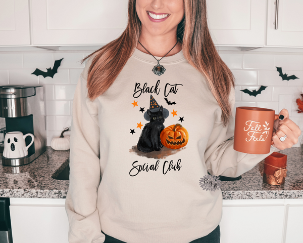 Fall Sweatshirt, Black Cat Social Club Crewneck Sweatshirt, Black Cat Adult Sweatshirt, Halloween Sweatshirt, Many Colors