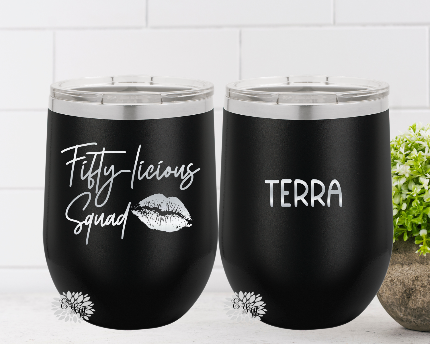 Engraved Stainless Wine Cup, 2 SIDED 50th Birthday Wine Tumbler, Fiftieth Birthday, Fifty-Licious Squad, Lots Of Colors, Your Name