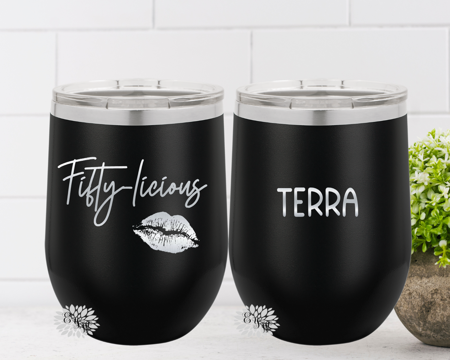 Engraved Stainless Wine Cup, 2 SIDED 50th Birthday Wine Tumbler, Fiftieth Birthday, Fifty-Licious, Lots Of Colors, Your Name