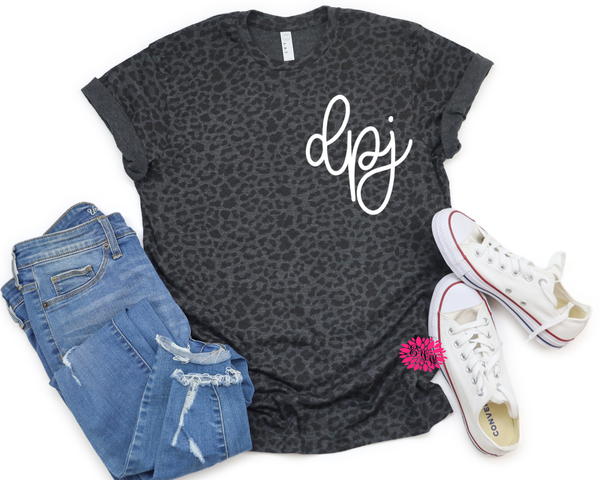 Leopard Tee, Personalized Leopard T-Shirt, Monogrammed Tee, Monogram Crewneck T-Shirt, Monogrammed T-Shirt, Other Tee And Text Colors