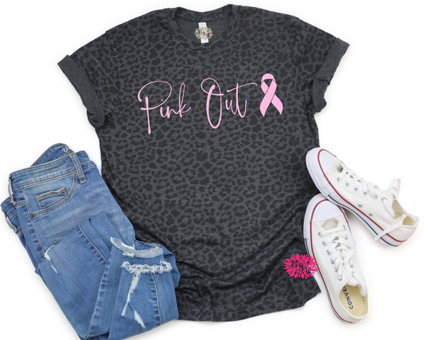 Leopard Tee With Pink Out, Breast Cancer Leopard T-Shirt, Leopard Cancer Ribbon Tee, Breast Cancer Awareness Leopard T-Shirt, T-Shirt