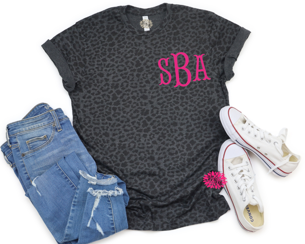 Leopard Tee, Personalized Leopard T-Shirt, Monogrammed Tee, Monogram Crewneck T-Shirt, Monogrammed T-Shirt, Other Tee And Text Colors