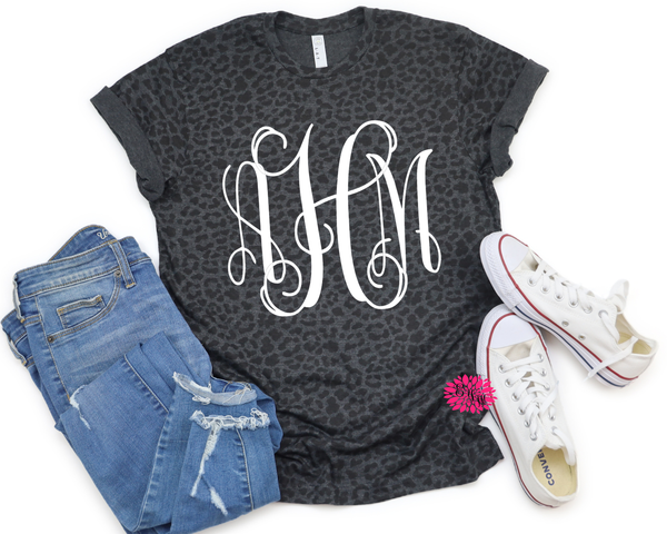 Leopard Tee, Personalized Leopard T-Shirt, Monogrammed Tee, Monogram Crewneck T-Shirt, Monogrammed T-Shirt, Other Tee And Text Colors
