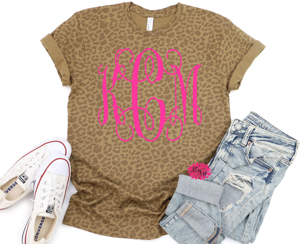 Leopard Tee, Personalized Leopard T-Shirt, Monogrammed Tee, Monogram Crewneck T-Shirt, Monogrammed T-Shirt, Other Tee And Text Colors