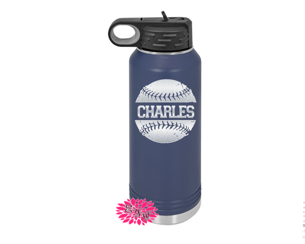 Engraved Water Bottle, Personalized Baseball Water Bottle With Straw, 4 SIZES, Stainless Steel Water Bottle, Stainless Steel Sports Bottle