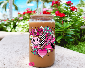 Iced Coffee Glass, Cheerleader Glass, Cheer Vibes Cheerleader Iced Coffee Glass, 16oz Pint Glass Lid & Straw, Iced Coffee Cheerleader Glass