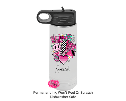 Cheer Water Bottle, 20oz Cheerleader Water Bottle With Straw, Personalized Cheer Vibes Water Bottle, Stainless Steel Bottle, Permanent Ink