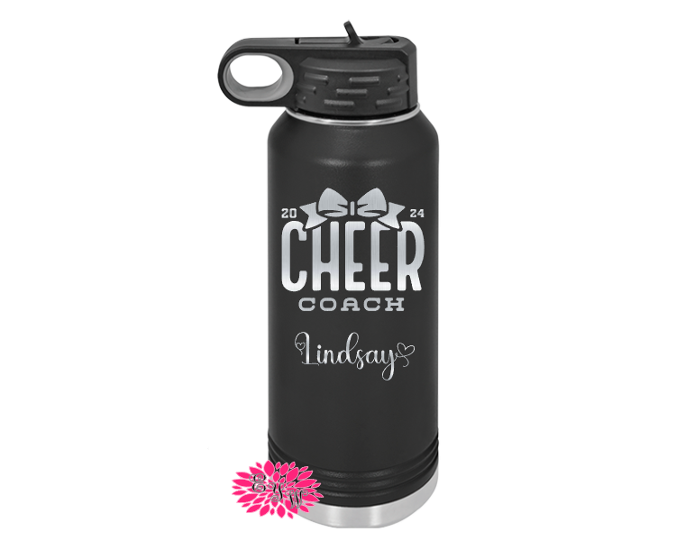 Engraved Water Bottle, Personalized Cheer Coach Bottle, Etched Water Bottle With Straw, 4 SIZES, 17 Colors, Stainless Steel Water Bottle