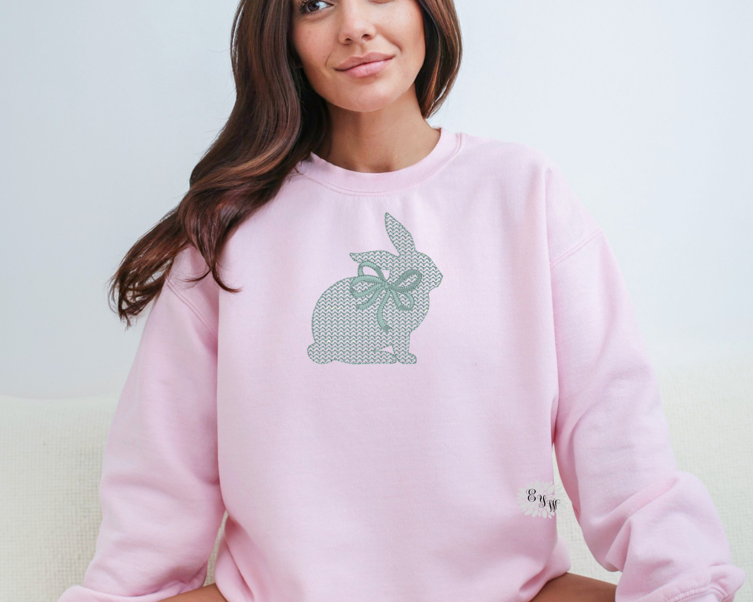 Chevron Bunny Embroidered Sweatshirt, Chevron Bunny With Coquette Bow Crewneck Sweatshirt, Religious Embroidered Adult Sweatshirt