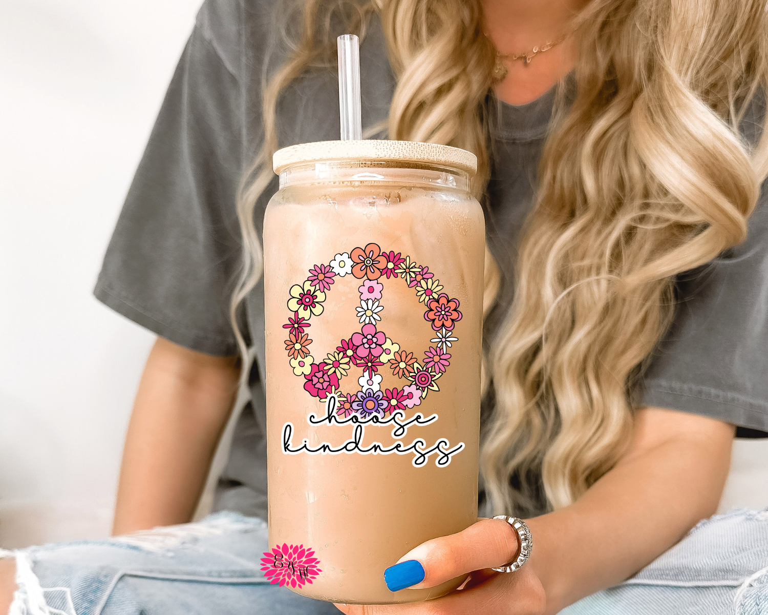 Iced Coffee Glass, Choose Kindness Glass, Choose Kindness Iced Coffee Glass, 16oz Pint Glass Lid & Straw, Bright Floral Peace Iced Coffee