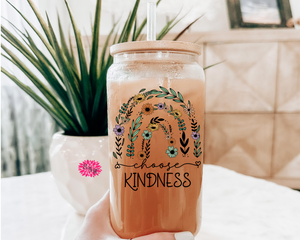 Iced Coffee Glass, Choose Kindness Iced Coffee Glass 16oz. Pint Glass Lid & Straw, Iced Coffee Glass, Beer Glass, Floral Choose Kindness