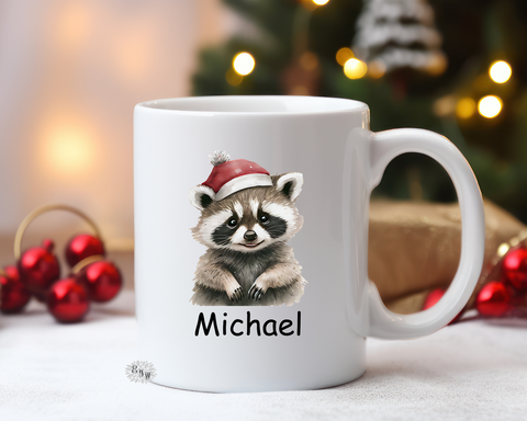 Personalized Christmas Mug, Christmas Racoon Mug, 11oz Ceramic Coffee Mug With Handle, Permanent Ink, Dishwasher Safe, Microwave Safe