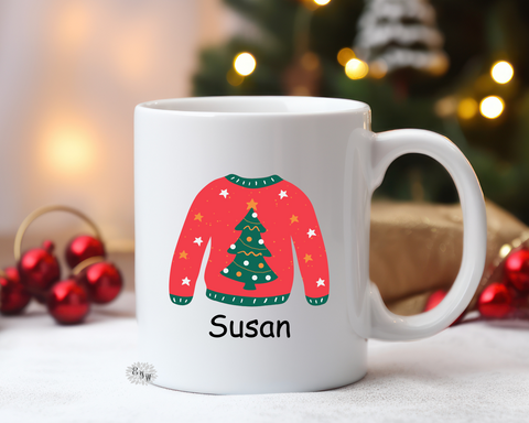 Personalized Christmas Mug, Christmas Ugly Sweater Mug, 11oz Ceramic Coffee Mug With Handle, Permanent Ink, Dishwasher Safe, Microwave Safe