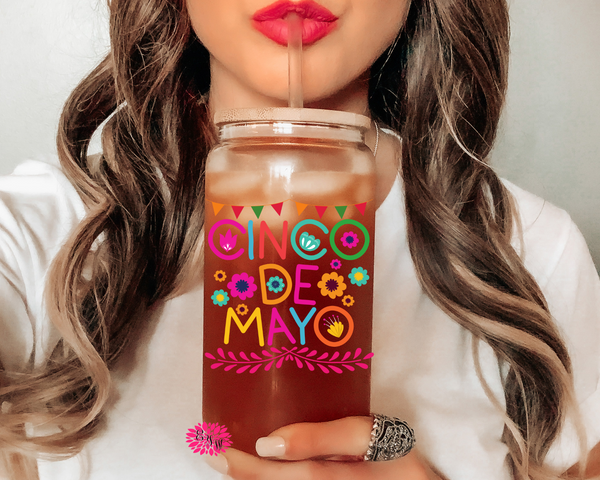 Iced Coffee Glass, Cinco De Mayo Iced Coffee Glass 16oz Pint Glass Lid & Straw, Cinco De Mayo Glass, Cinco De Mayo Beer Glass, Coffee Glass