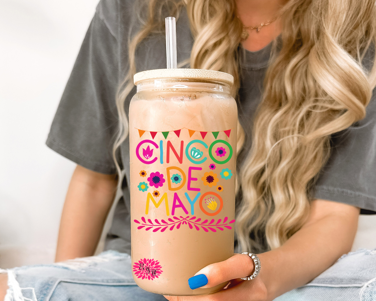 Iced Coffee Glass, Cinco De Mayo Iced Coffee Glass 16oz Pint Glass Lid & Straw, Cinco De Mayo Glass, Cinco De Mayo Beer Glass, Coffee Glass