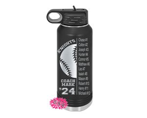 Engraved Water Bottle, Baseball Coach Gift From Team, Etched Water Bottle With Straw 2 SIZES, Stainless Steel Water Bottle, Custom Bottle