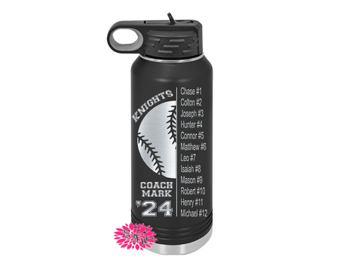 Engraved Water Bottle, Baseball Coach Gift From Team, Etched Water Bottle With Straw 2 SIZES, Stainless Steel Water Bottle, Custom Bottle