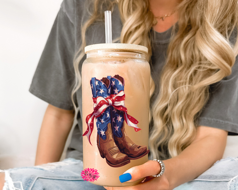 Iced Coffee Glass, Cowboy Boots Iced Coffee Glass, American Cowboy Boots Iced Coffee Glass, 16oz Pint Glass Lid & Straw, Iced Coffee Glass