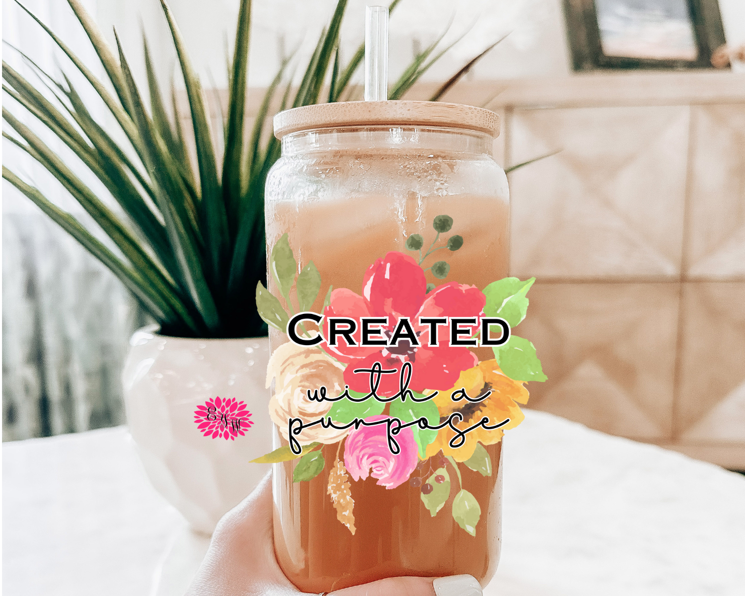 Iced Coffee Glass, Created With A Purpose Iced Coffee Glass 16oz. Pint Glass Lid & Straw, Iced Coffee Glass, Floral Religious Glass