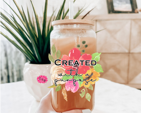 Iced Coffee Glass, Created With A Purpose Iced Coffee Glass 16oz. Pint Glass Lid & Straw, Iced Coffee Glass, Floral Religious Glass