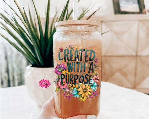 Iced Coffee Glass, Created With A Purpose Iced Coffee Glass 16oz. Pint Glass Lid & Straw, Iced Coffee Glass, Floral Religious Glass