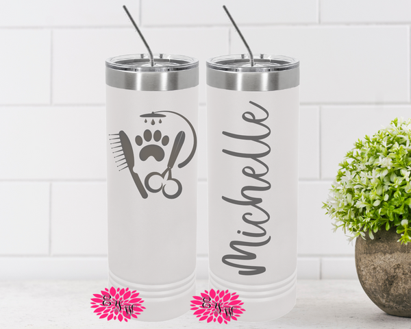 Dog Groomer Engraved Tumbler, Personalized Dog Grooming Tumbler, Dog Grooming Gift, Dog Stylist Tumbler, Etched Skinny Steel Tumbler